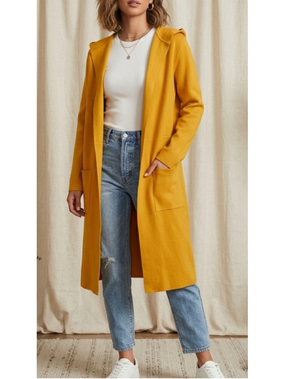 Frank Lyman Mustard Yellow Long Hooded Duster Knit Cardigan Sweater Jacket L2027